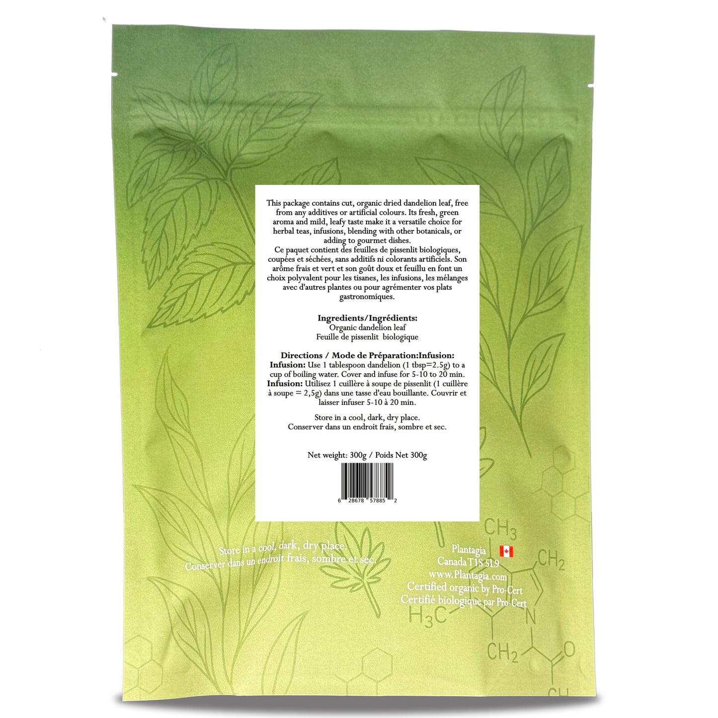 Plantagia Organic Dandelion Leaf (Taraxacum officinale) – 300g – Single Ingredient Dried Herb for Tea & Infusions