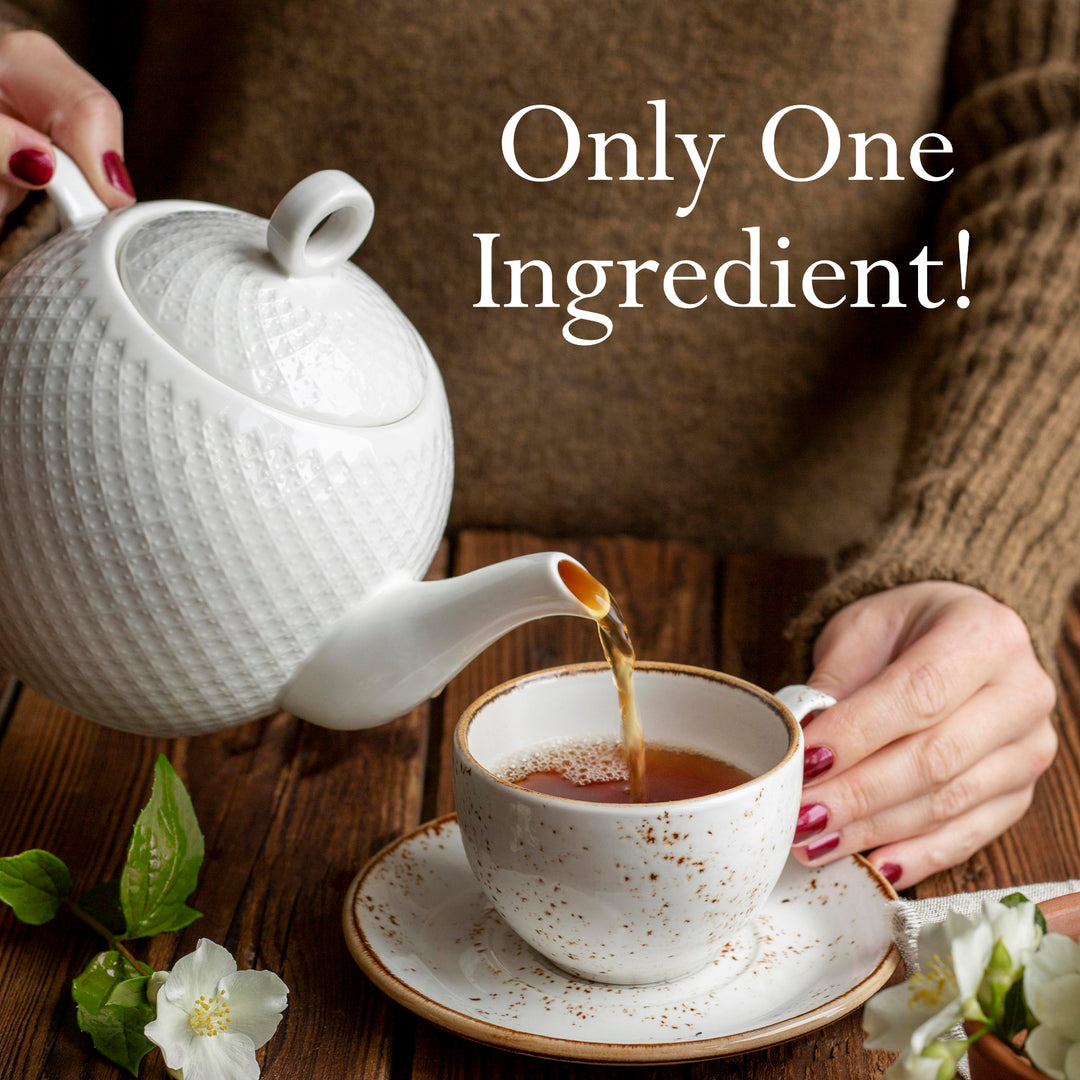 woman pouring herself a cup of tea. Text describing that the tea has only one ingredient - cut, birch bark.