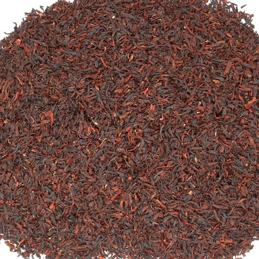 Close-up view of Foothills Naturals premium organic cut and sifted dried hibiscus flowers