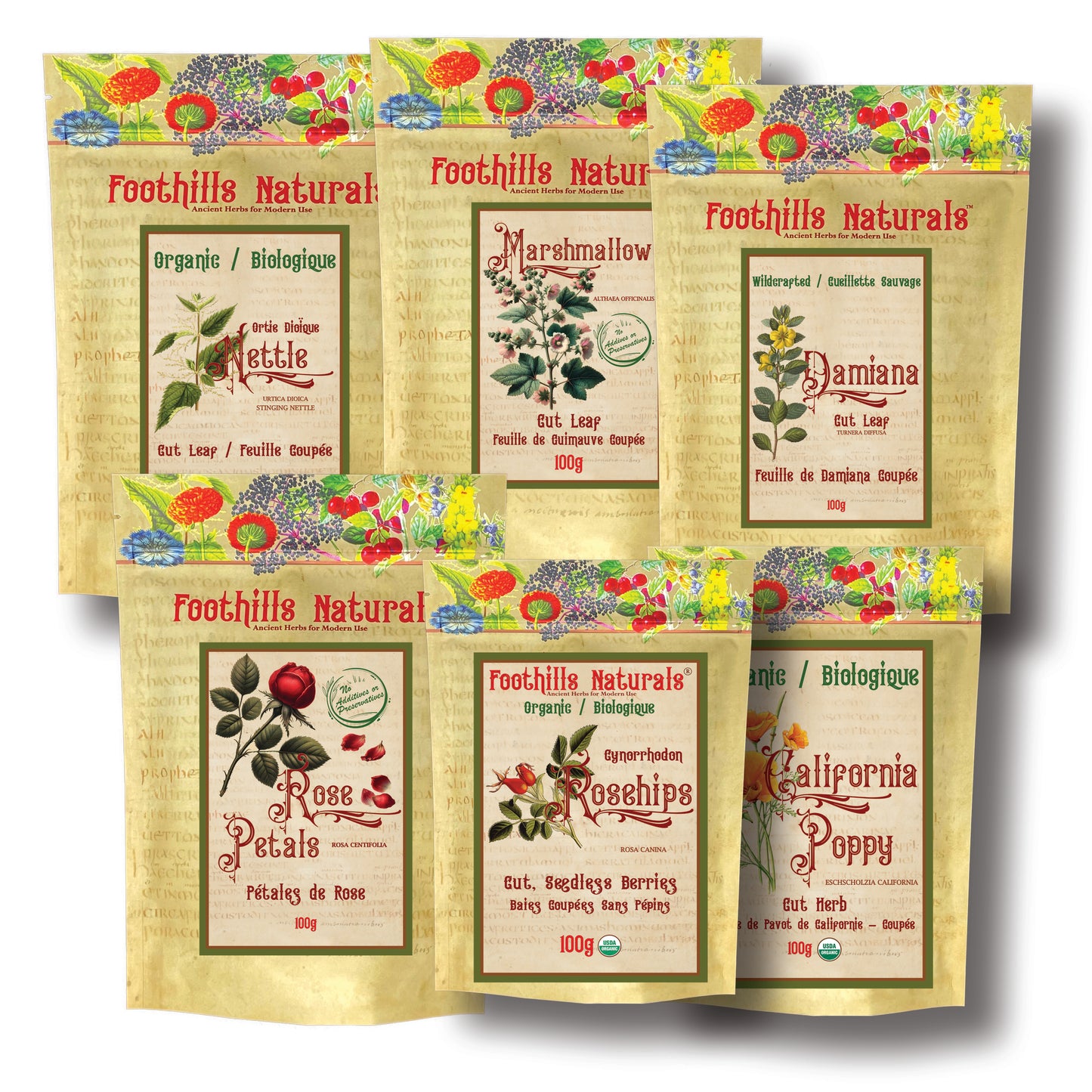 Inner Harmony Botanical Herbal Tea Bundle with Nettle, Marshmallow Leaf, Damiana, California Poppy, Rosehips and Rose Petals