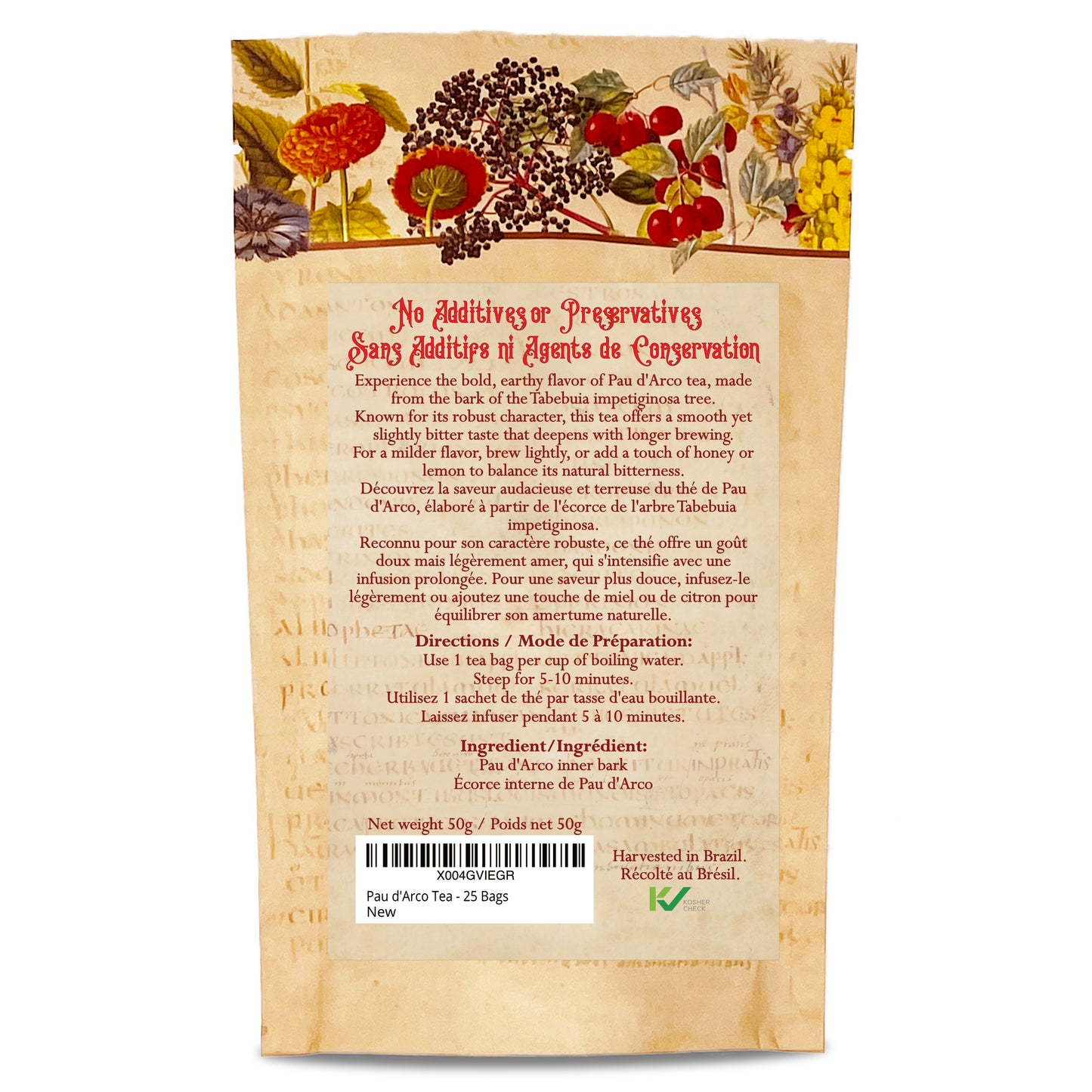 Pau D’Arco Inner Bark Tea Bags (Handroanthus impetiginosus) – Wildcrafted – 25 Count – Herbal Tea Bags