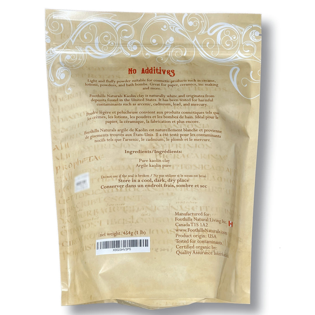 Kaolin White Clay Powder – 1 pound (454g) Light and Fluffy Texture, Excellent for Cosmetics, Hair Care products, Pottery, Paper Making, and Craft Projects | Foothills Naturals Canada | Ancient Herbs for Modern Use