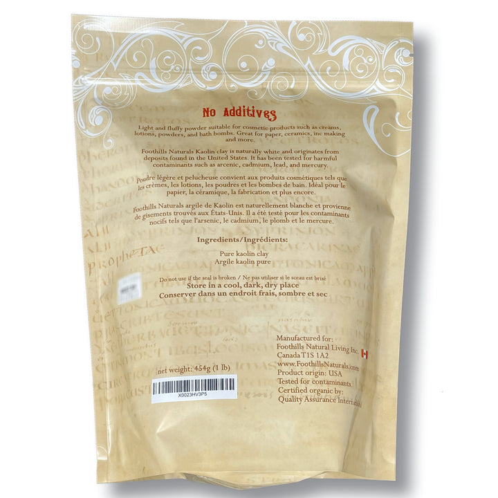 Kaolin White Clay Powder – 1 pound (454g) Light and Fluffy Texture, Excellent for Cosmetics, Hair Care products, Pottery, Paper Making, and Craft Projects | Foothills Naturals Canada | Ancient Herbs for Modern Use