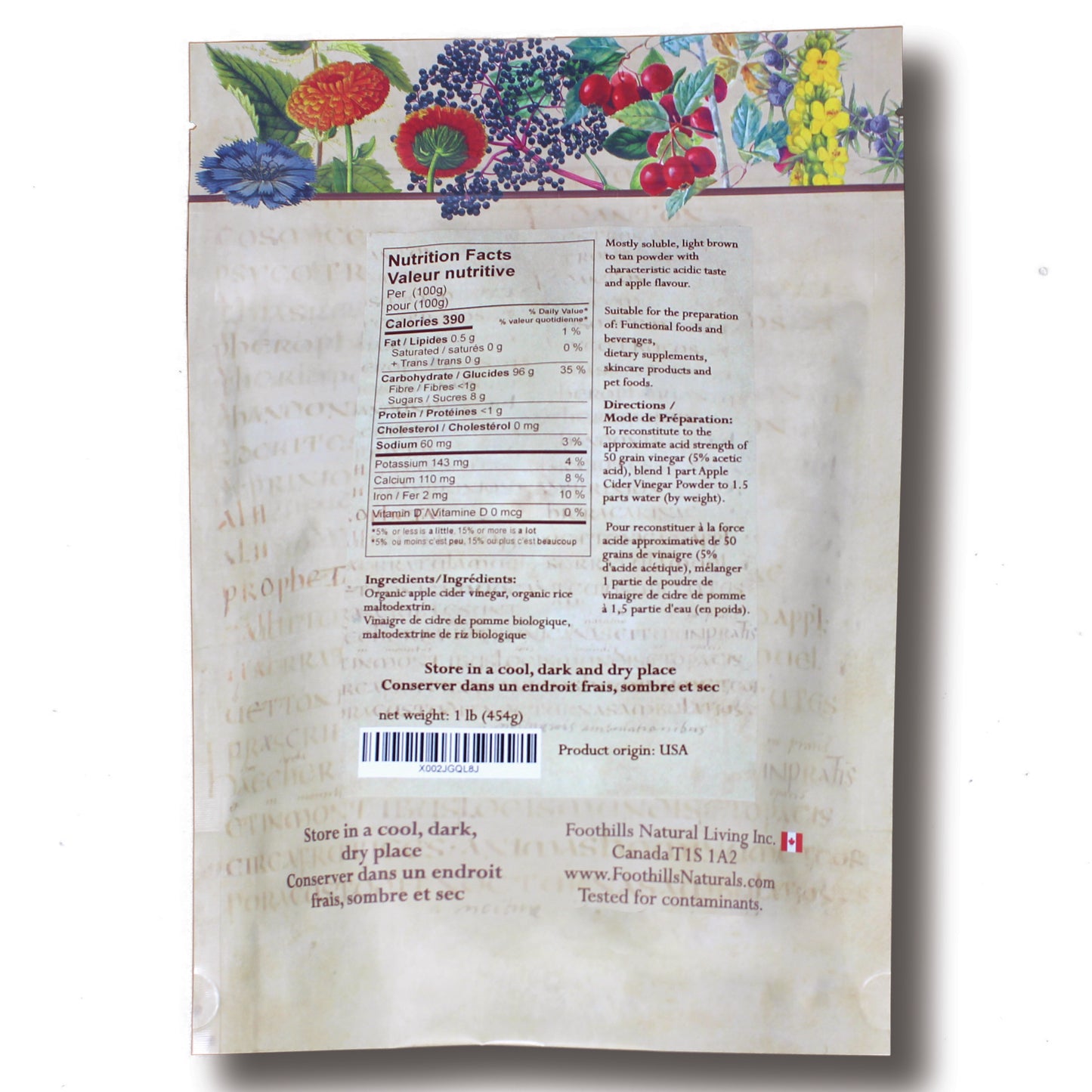 Organic Apple Cider Vinegar Powder Organic - No Added Colors or Flavors, Product of USA